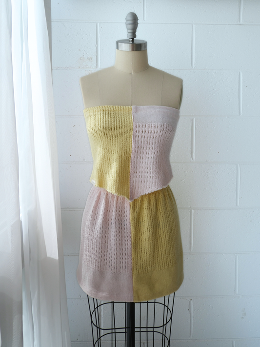 pink & yellow spliced scarf top & skirt set . handmade in Byron bay upcycled from 100% cotton blankets sustainable fashion 