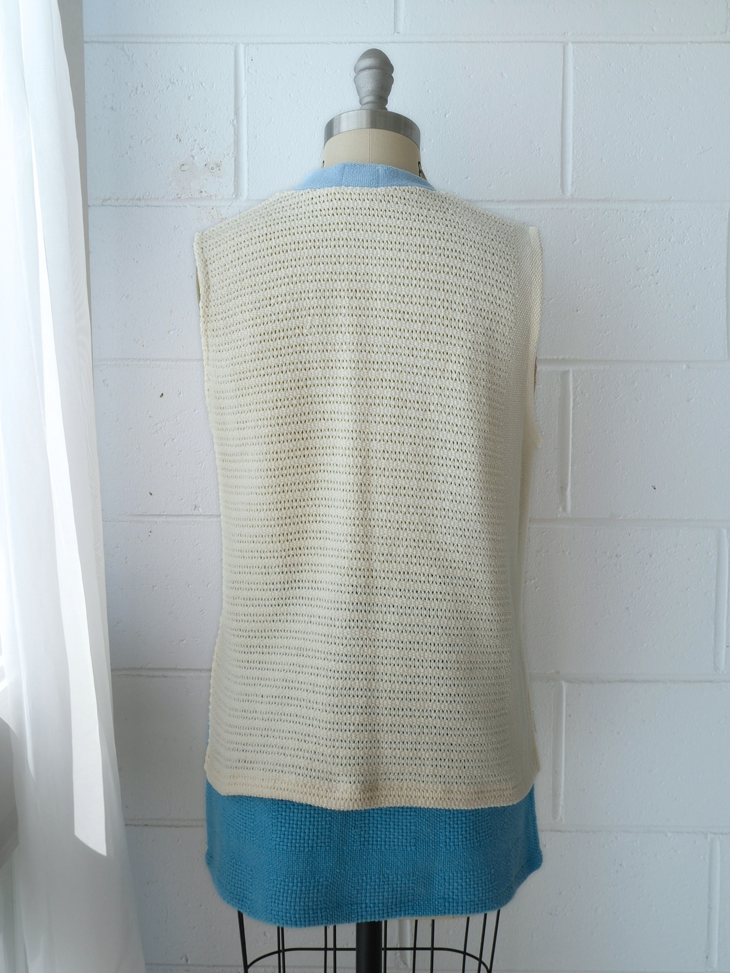 yellow & peach knitted v neck vest with blue contrast bind 100% cotton recycled blankets handmade made in australia upcycled byron bay sustainable fashion 