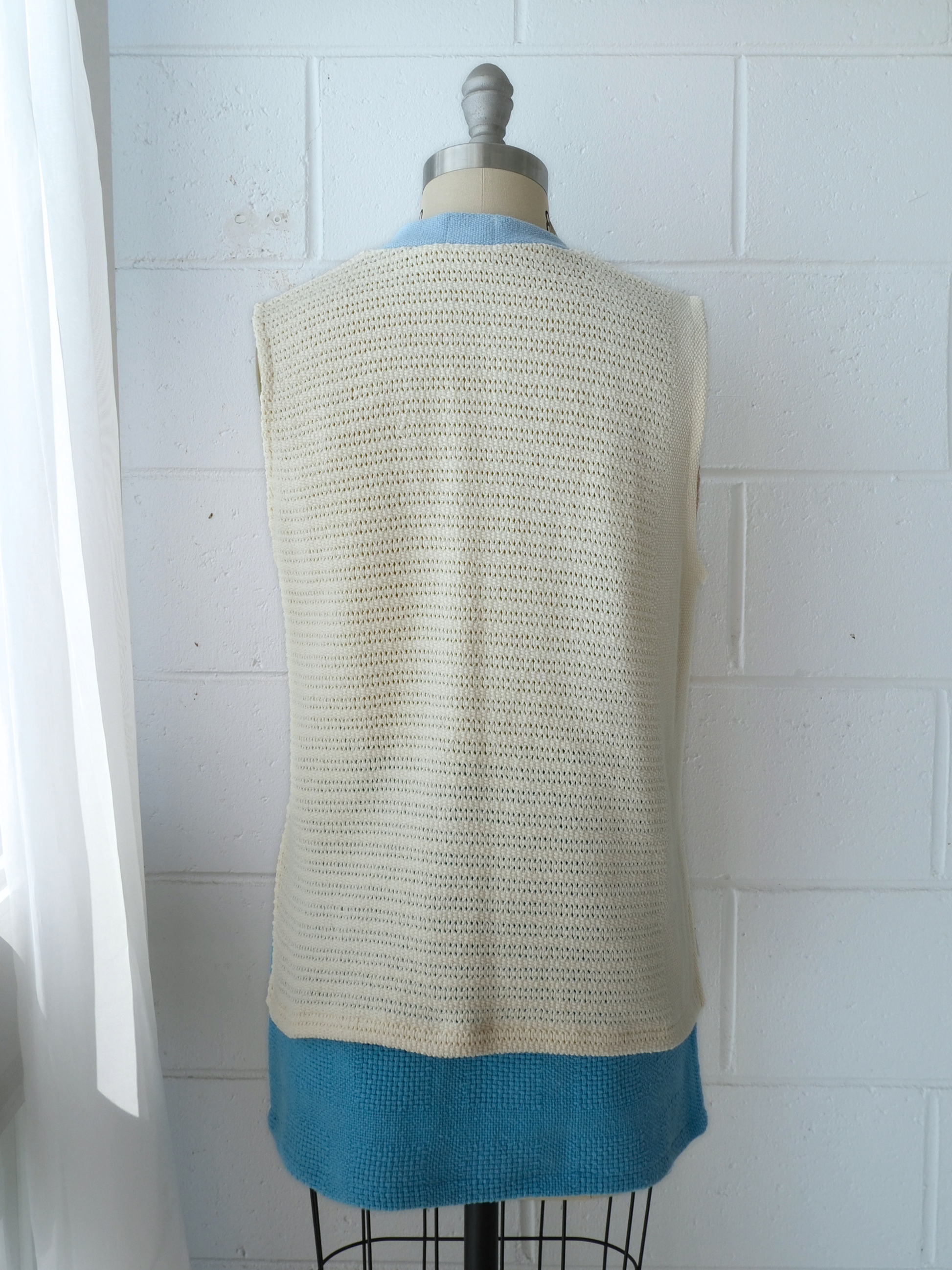 yellow & peach knitted v neck vest with blue contrast bind 100% cotton recycled blankets handmade made in australia upcycled byron bay sustainable fashion 