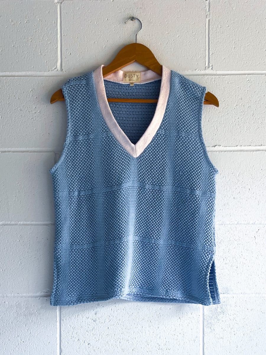 dusty upcycled blue long vest