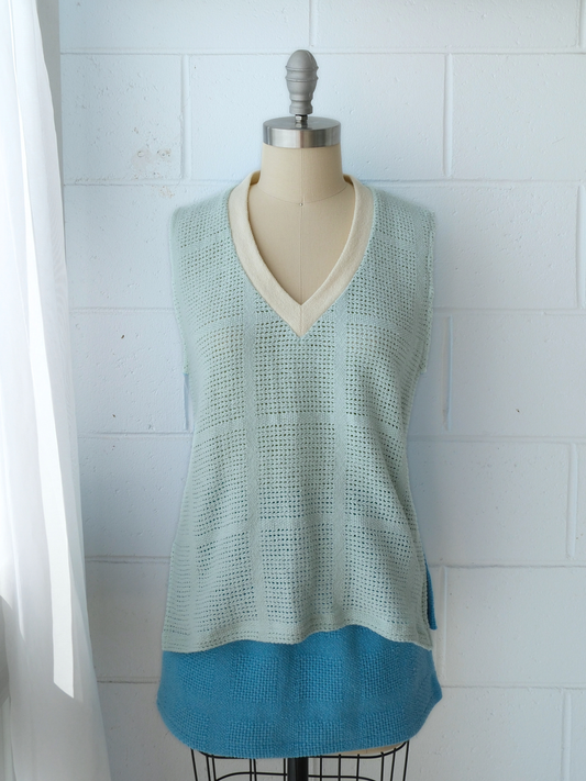 Light green blue v neck knitted vest top 100% cotton recycled blankets handmade made in australia