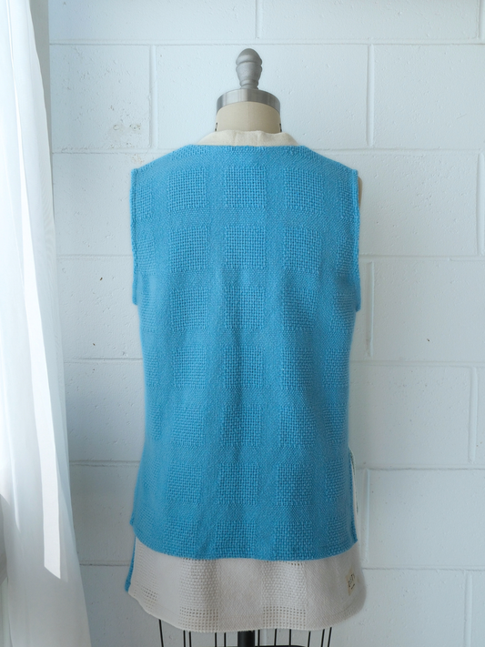 blue v neck knitted vest top 100% cotton recycled blankets handmade made in australia