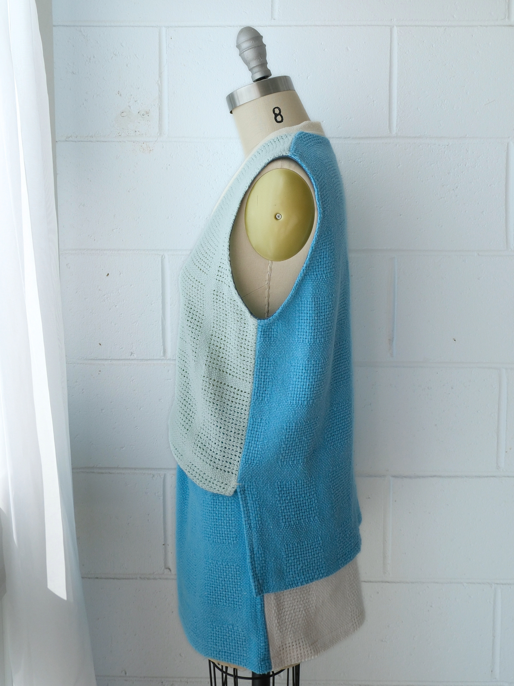 blue v neck knitted vest top 100% cotton recycled blankets handmade made in australia