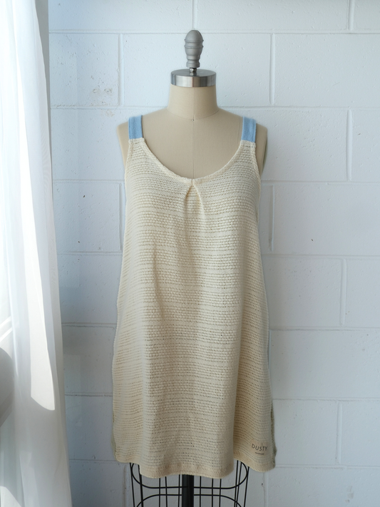 butter yellow & green knitted 100% cotton shift mini shift / tunic dress / pinaforedress with blue contrast adjustable straps and green back. Handmade upcycled from 100% cotton blankets made in byron bay 